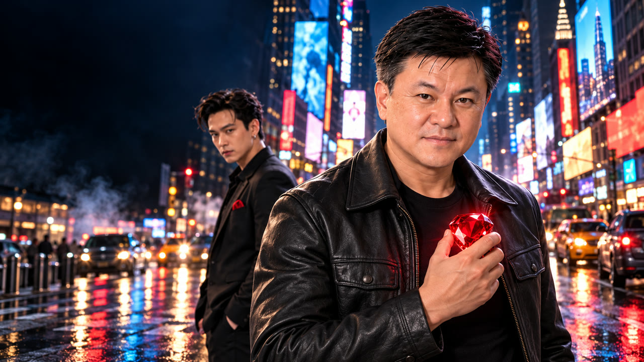 OneD cinematic thumbnail with two men in a neon-lit city, one holding a red gem
